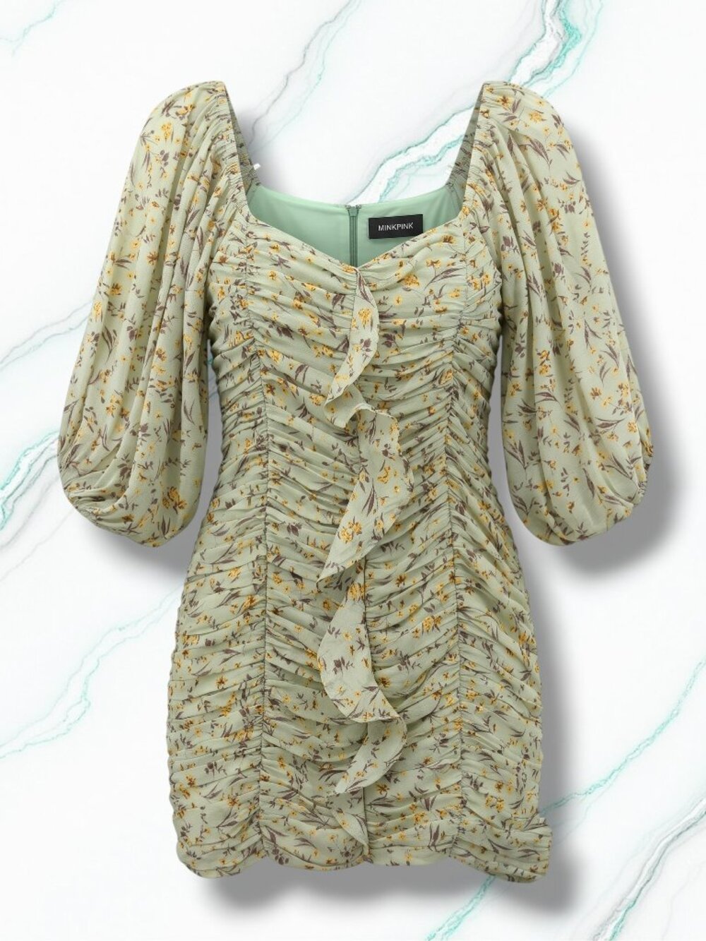 Minkpink Olla Moss Green Floral Smocked Off Shoulder Mini Dress S